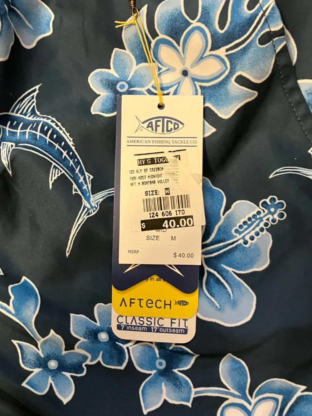AFTCO Boatbar Volley Swim Shorts Mens Medium Midnight Blue Hibiscus Marlin NWT